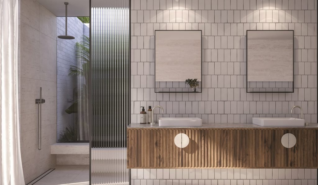 Arcisan Venn brushed nickel bathroom setting with fluted timber vanity and fluted shower screen.