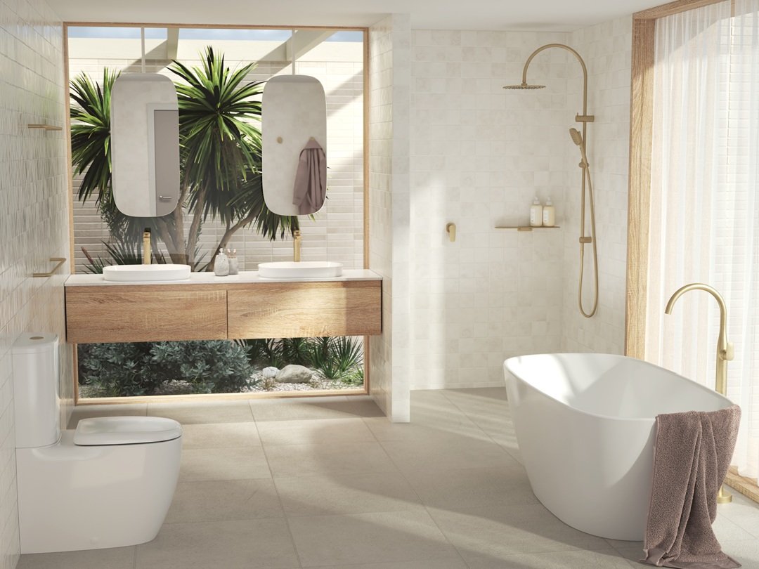 Caroma Contura II brushed brass tapware & gloss white sanitaryware.