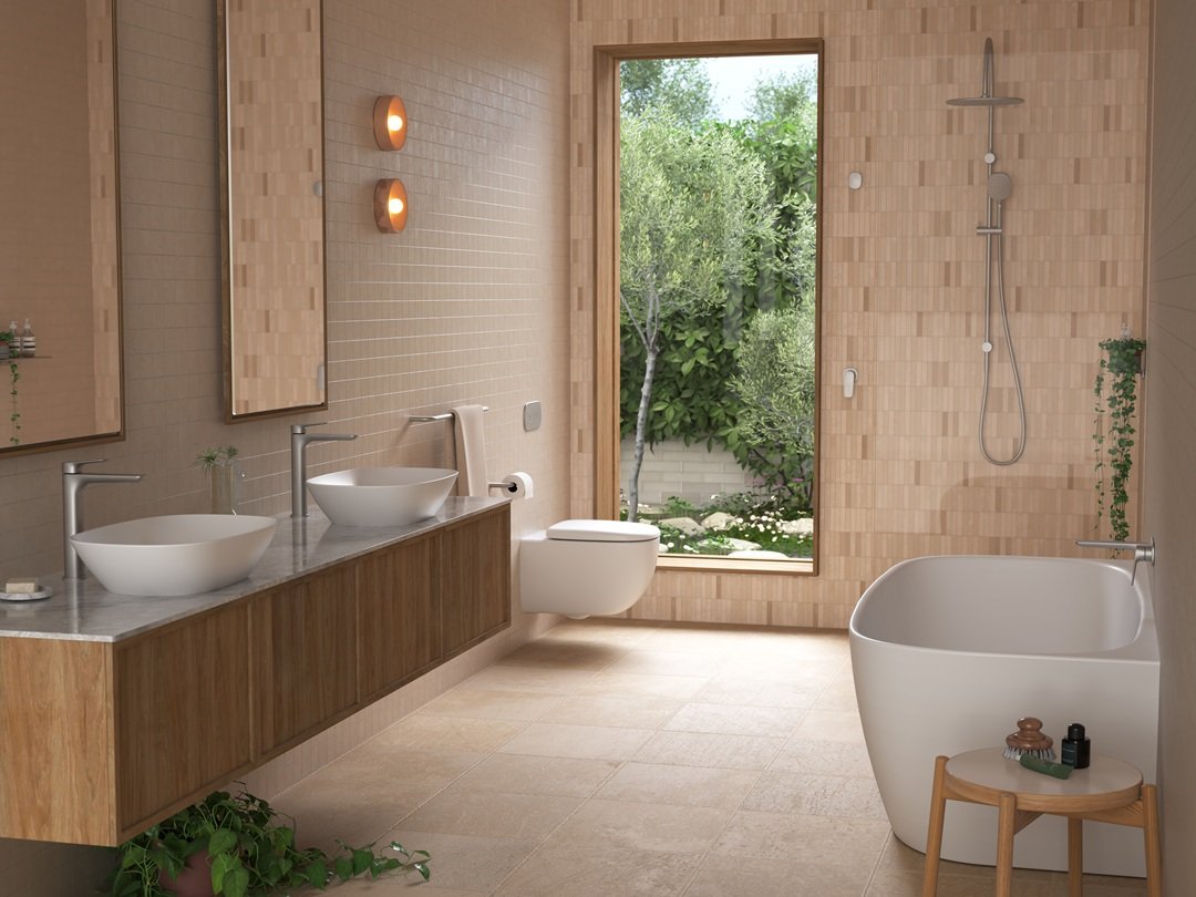 Caroma Contura II brushed nickel tapware & matte white sanitaryware.