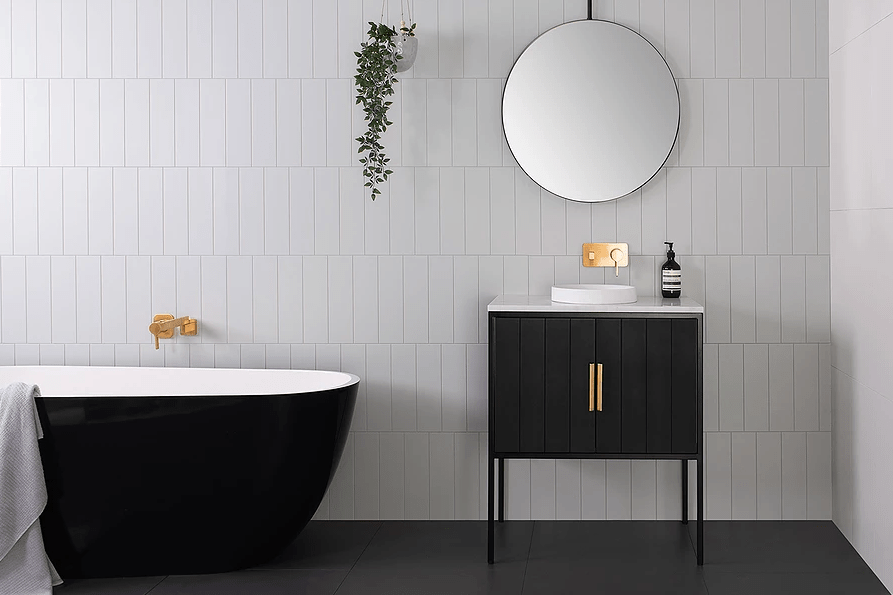 ADP Ivy 750 vanity on legs with satin black cabinet finish.