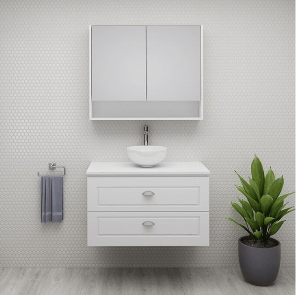 Timberline Nevada Classic Plus wall hung vanity in satin white finish. Timberline San Remo mirror shaving cabinet.