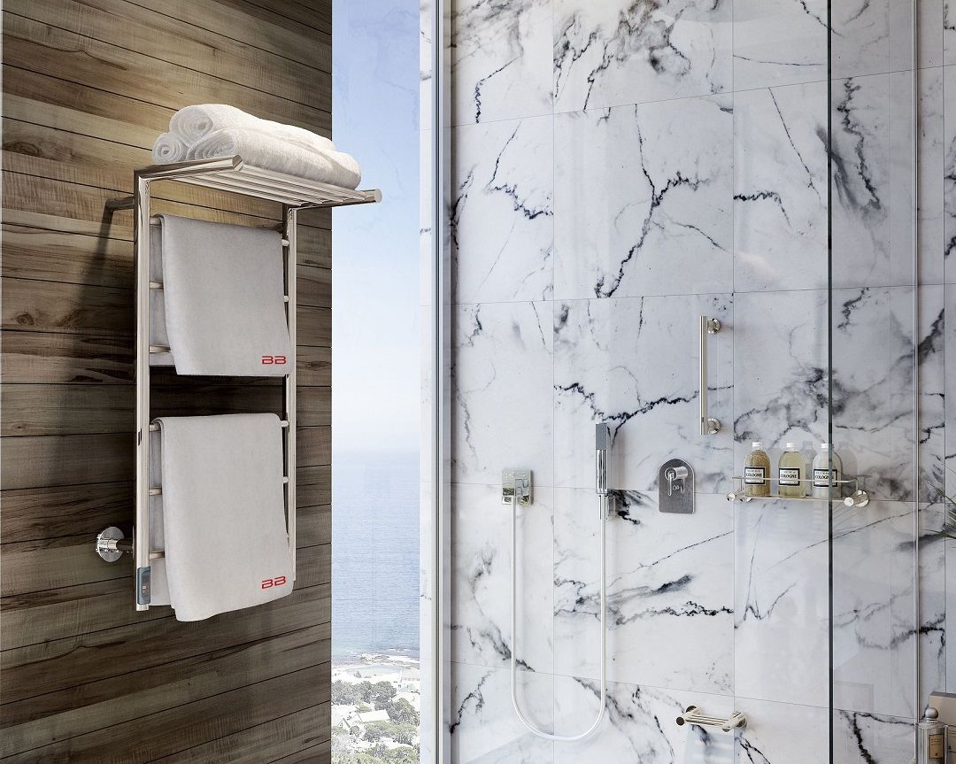 Bathroom Butler Edge 10Bar heated towel ladder polished finish.