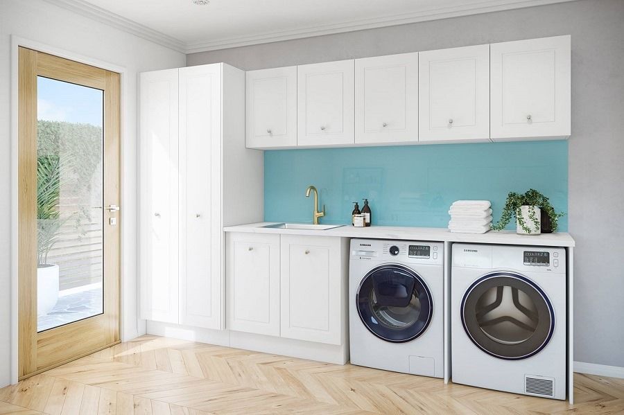 Timberline Modular Laundry in satin white finish with classic routing.