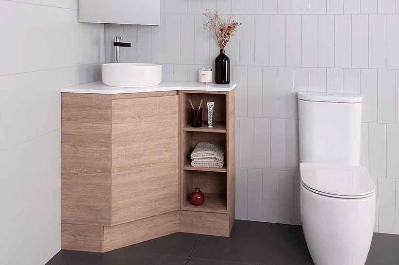 ADP Glacier corner vanity in Classic Oak finish.