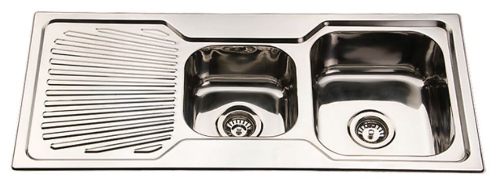 Rosebud one and three quarter bowl stainless steel kitchen sink with drainer.