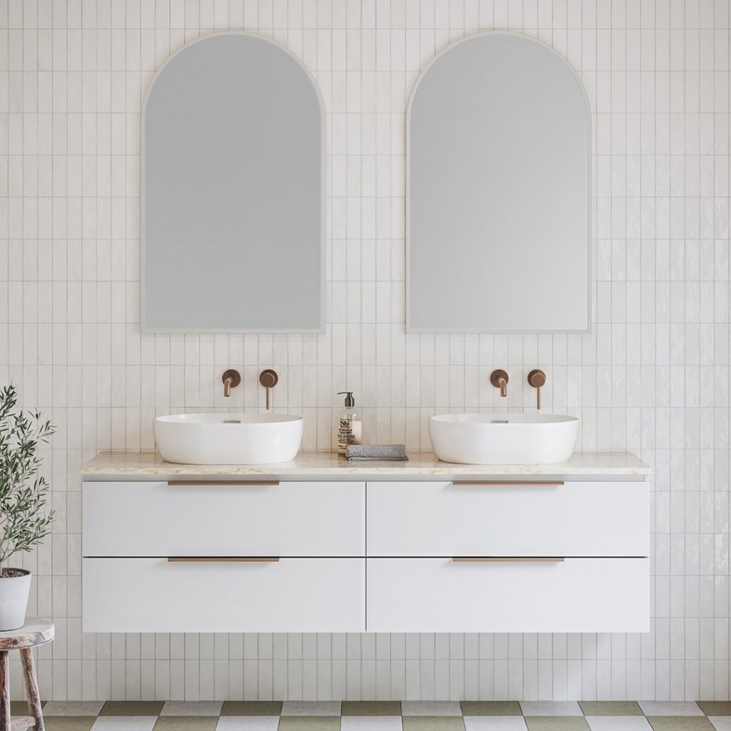 Timberline nevada plus 1800 double bowl silk surface wall hung vanity.