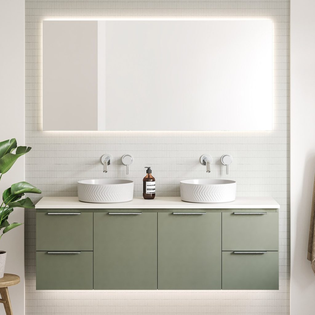 Timberline nevada 1500 double bowl silk surface wall hung vanity.