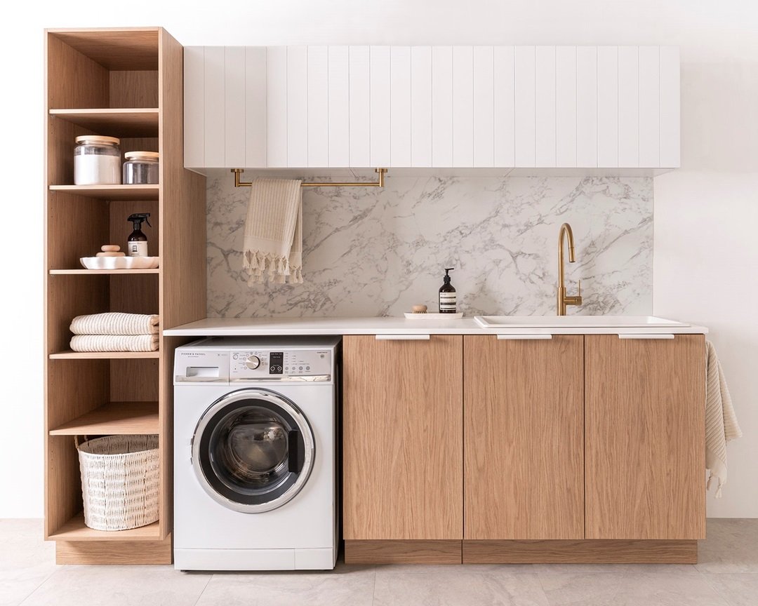 ADP Modular Laundry in Boston Oak finish. ADP Bellevue white sink with Soul brushed brass sink mixer.