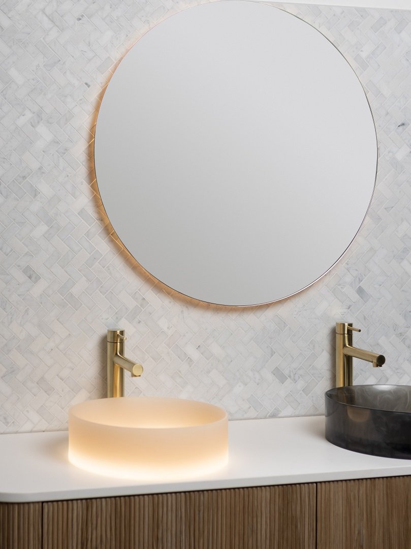 The Basin Lab Halo mirror & Coral & Onyx basins with illumi light box.