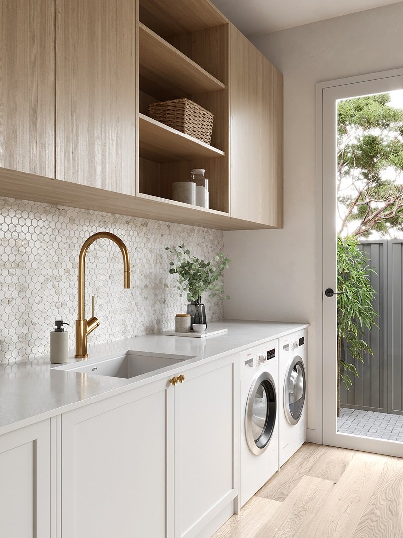 Oliveri Santorini white sink & Vilo brushed gold sink mixer.