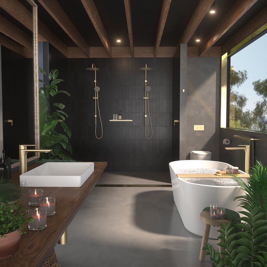 Caroma Urbane brushed brass tapware & sanitaryware.