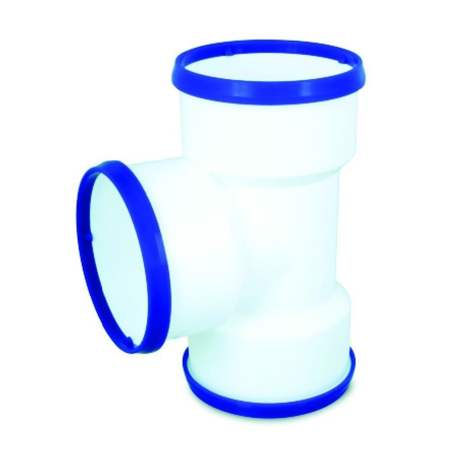 Plastec 100mm draincoil tee white & blue.