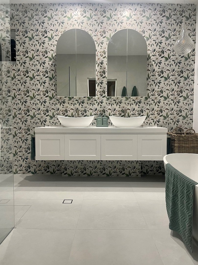 ADP London vanity satin white finish with Victoria & Albert Amalfi 55 basins. Timberline Church mirror shaving cabinets.