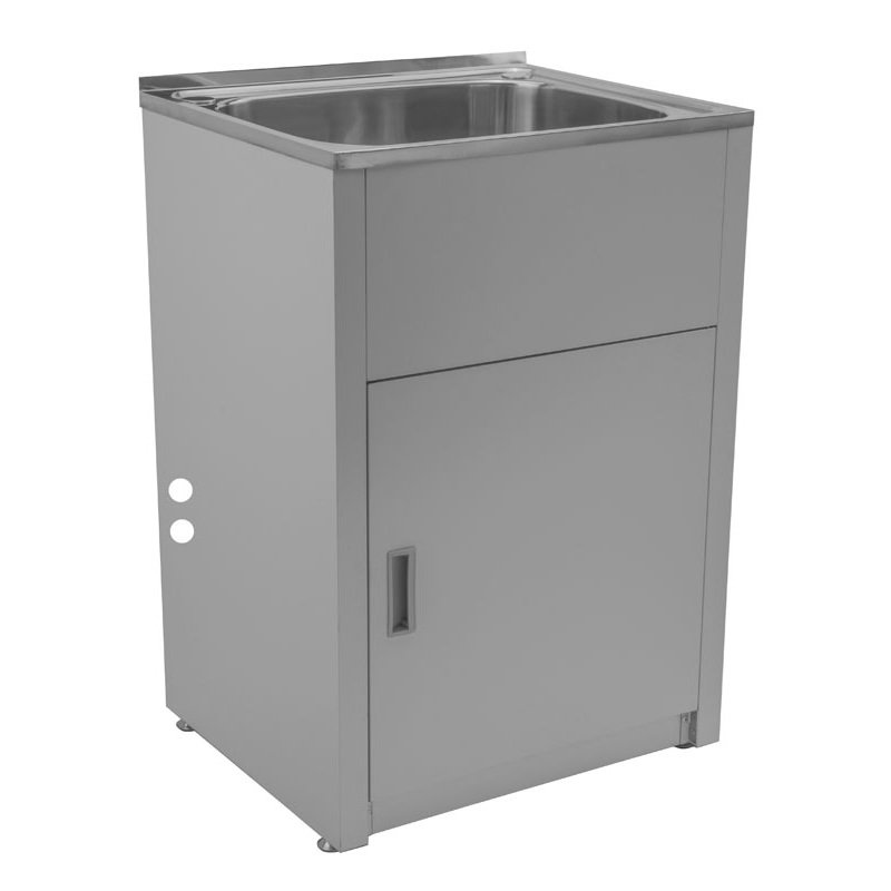 badundkuche traditionell 45l white stainless steel laundry cabinet with polished stainless steel tub.