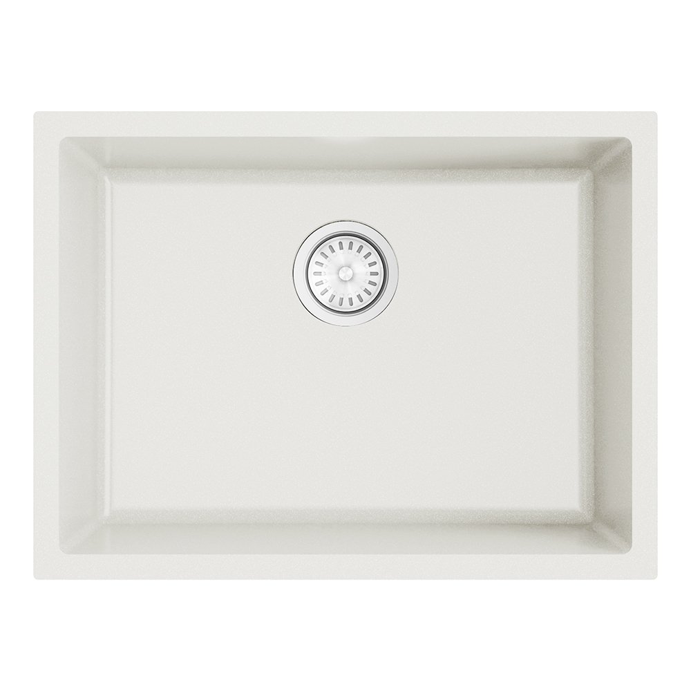 argent grace 610 matte white granite undermount sink with chrome basket waste.
