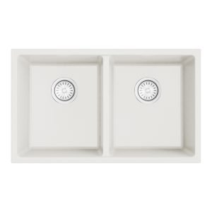 argent grace 760 matte white granite double bowl sink with chrome basket wastes.