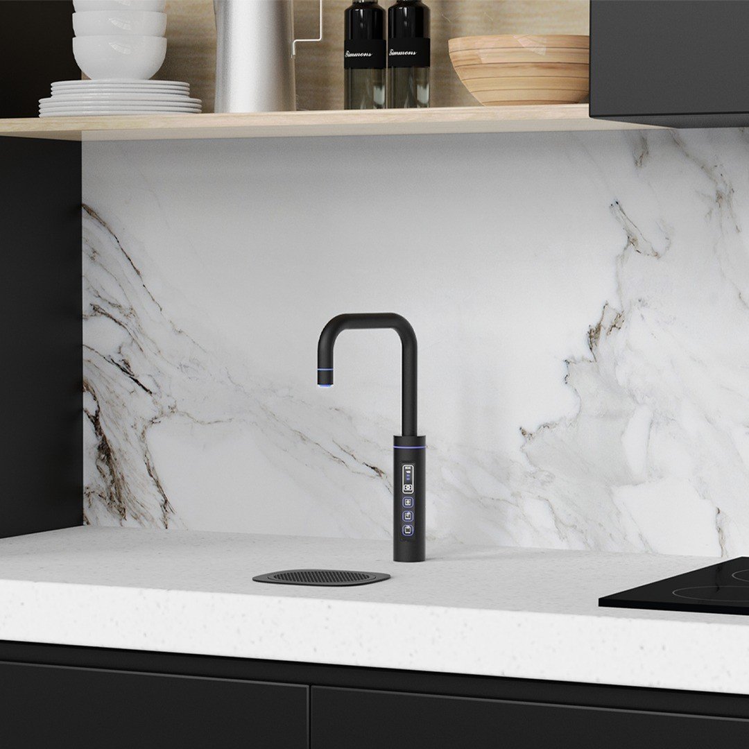 Puretec Sparq instant boiling water tap with matching font in black finish.
