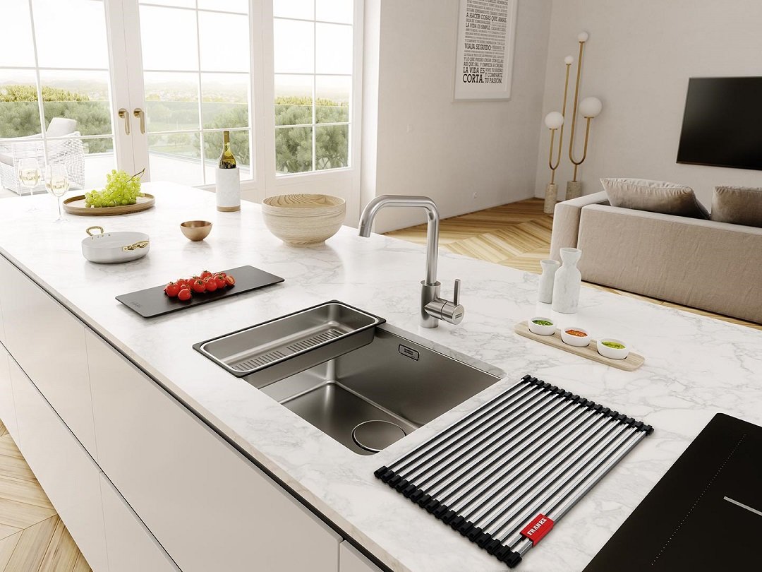 Franke Mythos 55 undermount stainless steel sink with accessories.