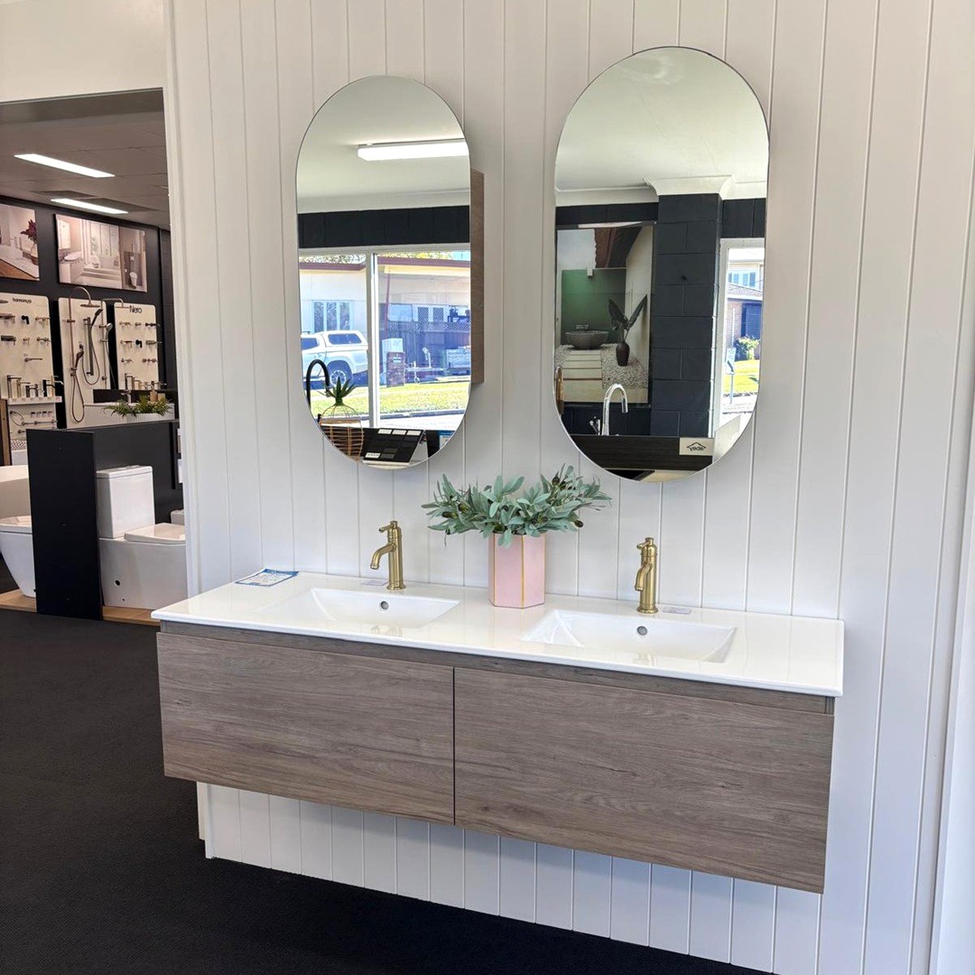 ADP glaicer pro slim all drawer 1500 double bowl vanity in antico oak. ADP Pill mirror cabinet in antico oak.