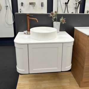 cassa design westminster 750 curved vanity, matte white finish with fluted matte white basin.