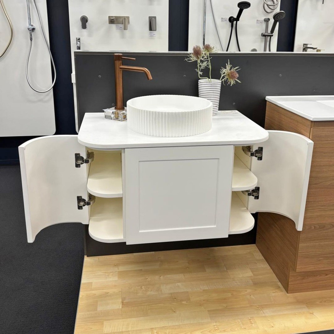 Cassa design westminster 750 curved vanity with open side cupboards.