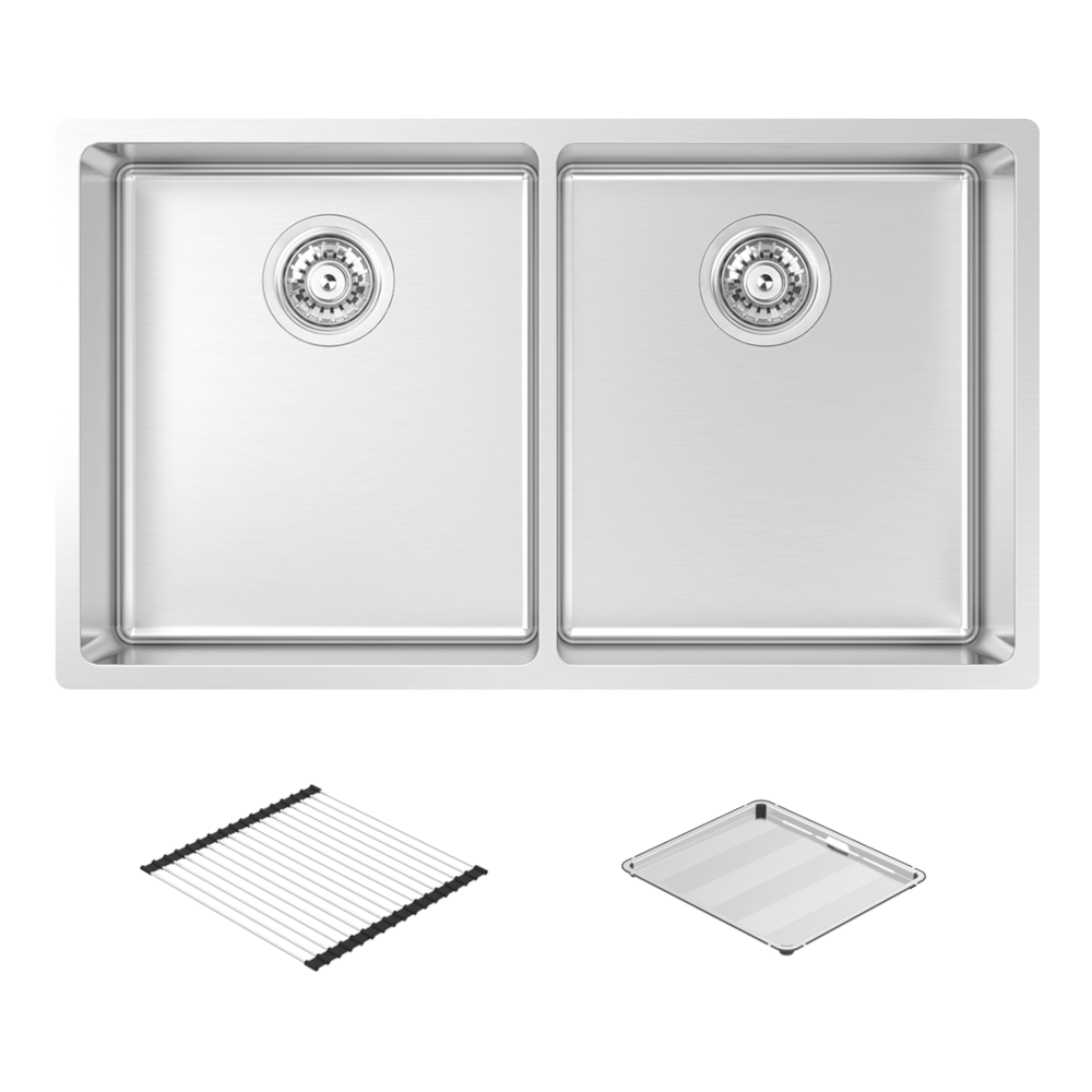 Abey montego double bowl kitchen sink with concertina and drain tray.