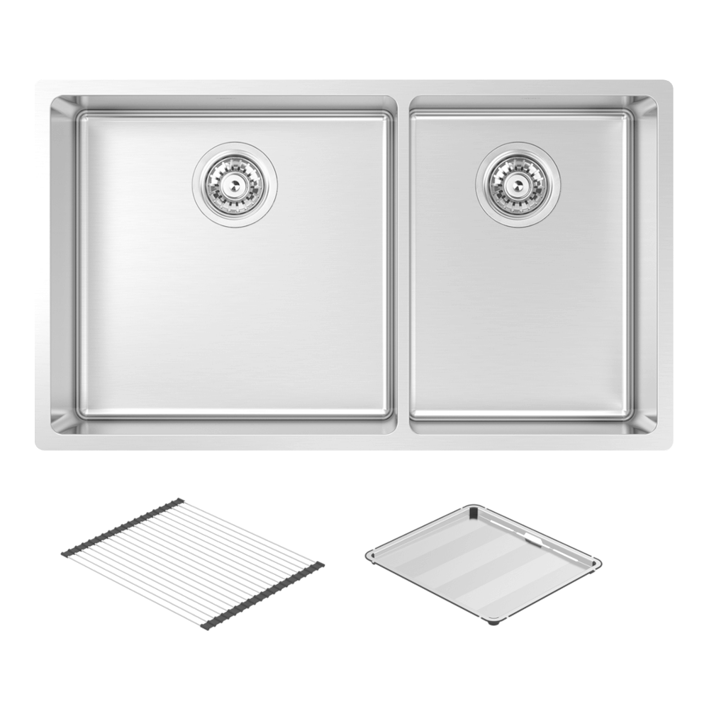 Abey montego large and three quarter bowl sink with concertina and drain tray.