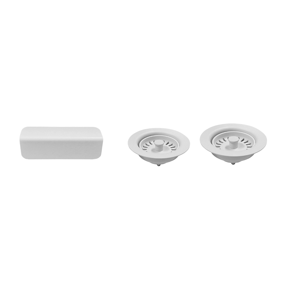 Abey schock matte white double bowl granite sink trim kit.