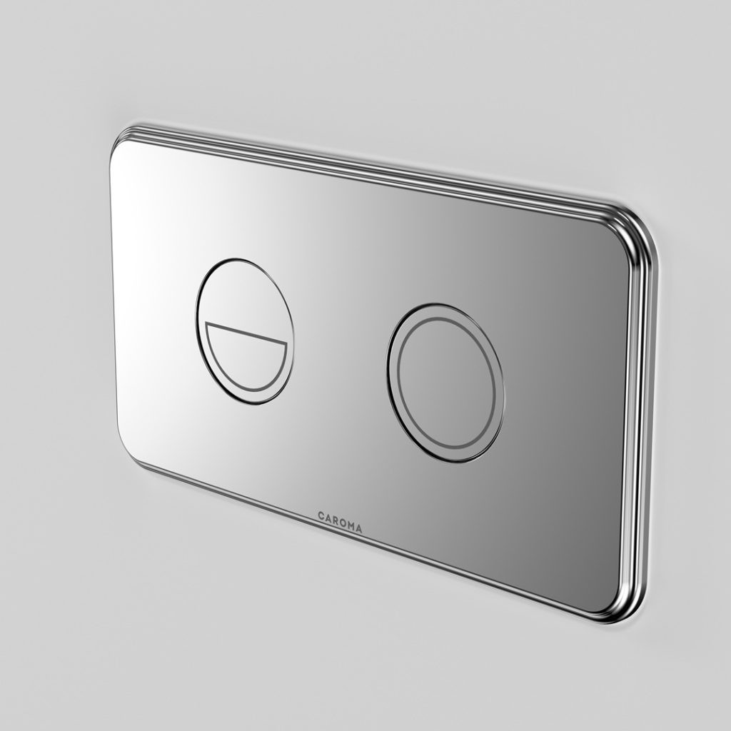 48002C RIVIERE INV2 RND DC DF BTN PNL CH Caroma riviere inwall toilet flush plate & buttons chrome finish.