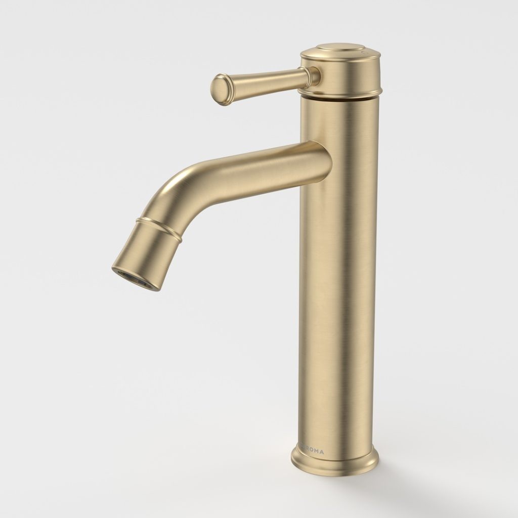 520002BB6AF RIVIERE MID TOWER BASIN MIXER 6S BB LF Caroma riviere mid tower basin mixer brushed brass finish.