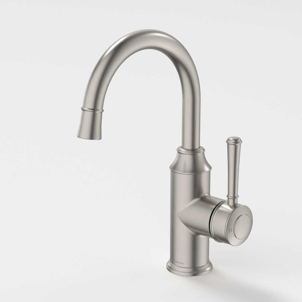 520004BN6AF RIVIERE GOOSENECK BASIN MIXER 6S BN LF Caroma riviere gooseneck basin mixer brushed nickel finish.
