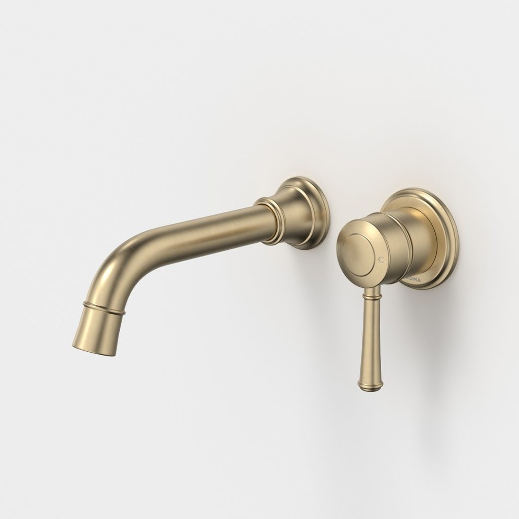 520009BB6AF RIVIERE W-BSN-BTH MXR 175MM 6S BB LF Caroma riviere wall basin bath mixer brushed brass finish.