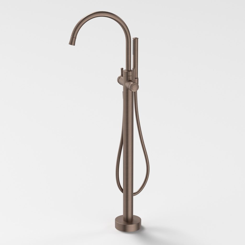 520018BBZ RIVIERE F-S BATH FILLER W HAND SHWR BBZ Caroma riviere freestanding bath filler with hand shower brushed bronze finish.