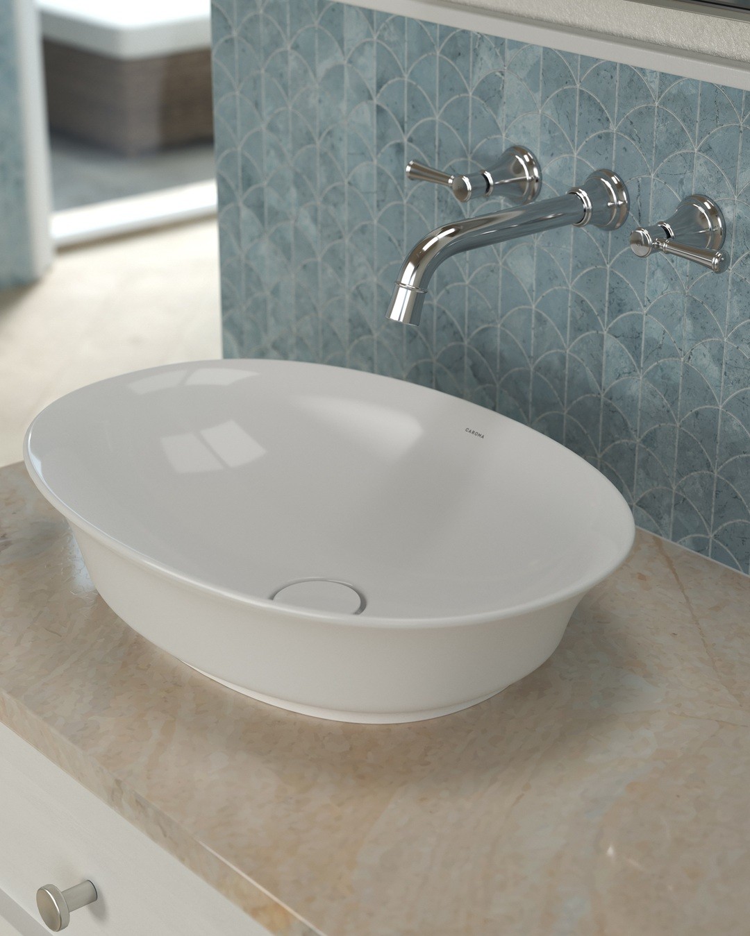 Caroma riviere above counter basin and wall basin set.